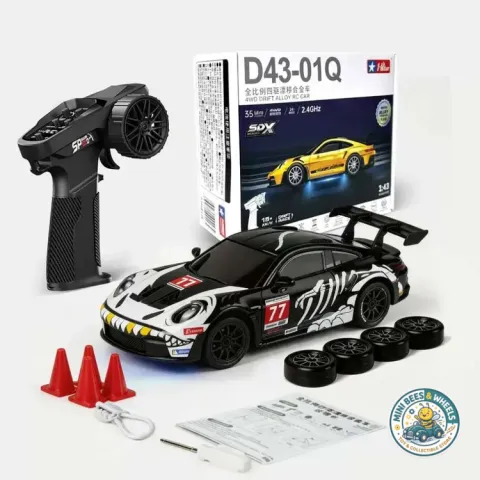 HStar D43-01Q16 Porsche 911 Black Dinosaur Livery Edition 1:43 Scale 4WD RC Drift Car | 2.4GHz Full Proportional Control, Gyro Stabilization & LED Lights